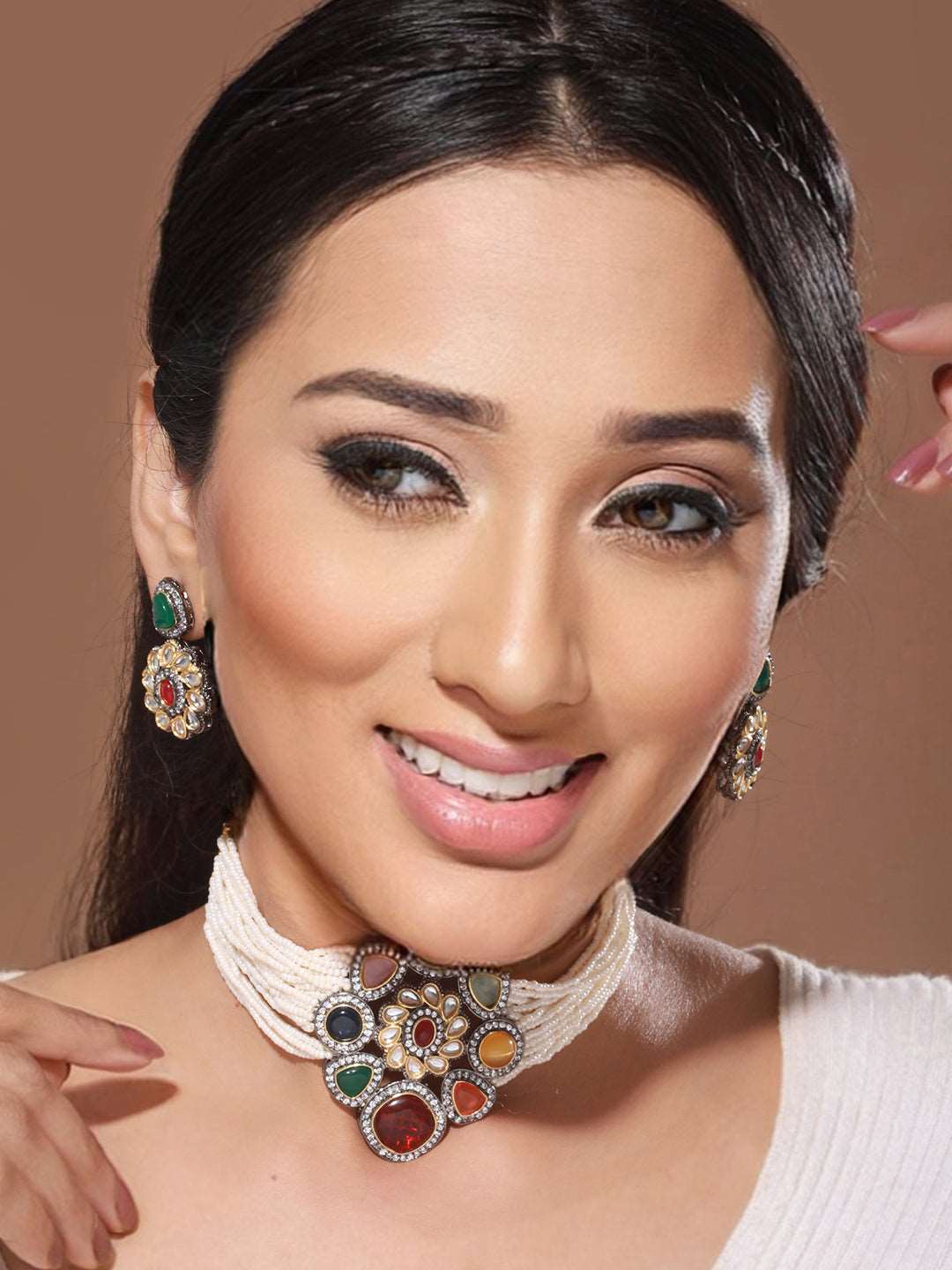 Gold Plated Multi Colored & Pearl Beaded Polki Choker Jewellery Set, zaveri pearls, sale price rs, sale price, sale gold plated, sale gold, sale, rubans, ring, regular price, priyassi jewelle